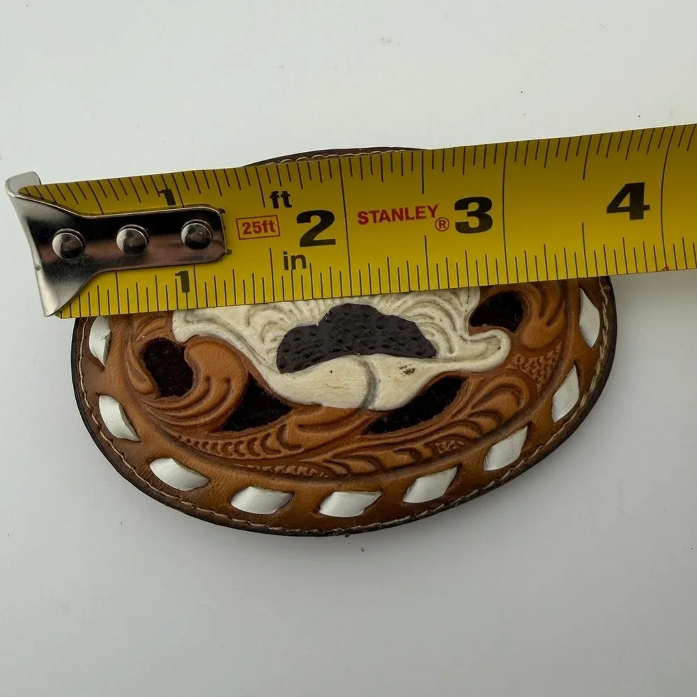 Tony Lama Vintage Tooled Leather Floral Belt Buckle Brown White Made in‎ USA